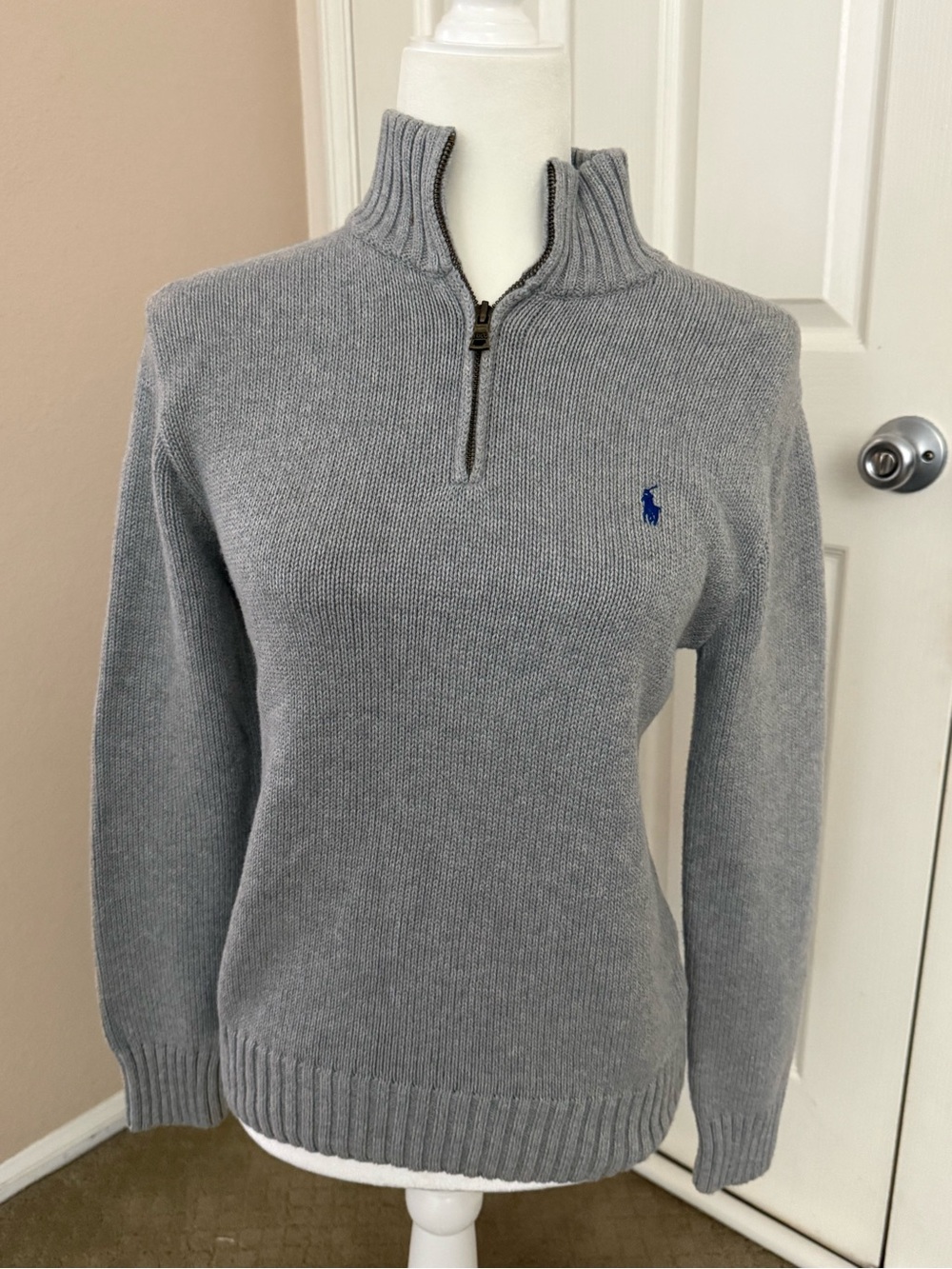 Ralph Lauren Light Gray Half-Zip Cowl Sweater with Navy Pony